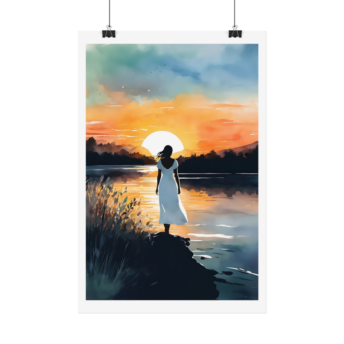 Evening Calm lake sunset poster – hanging example watercolor wall art print
