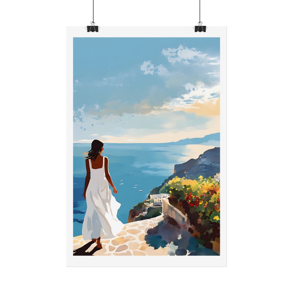 Flowering Coast Italian village poster – hanging example watercolor wall art print