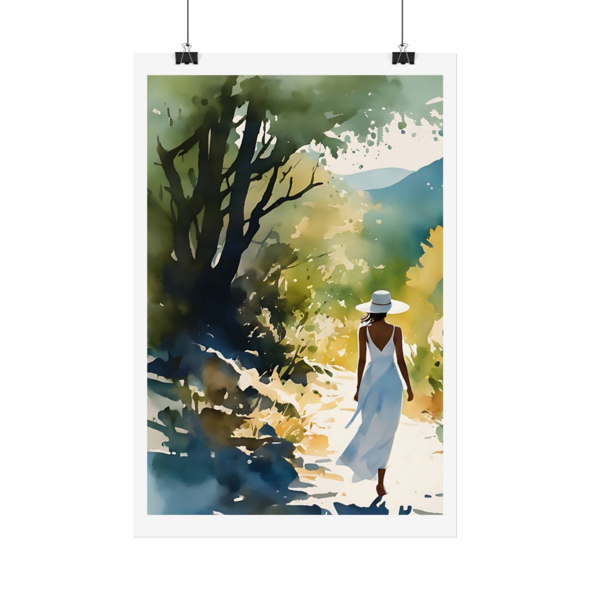 Garden Path sunlit garden poster – hanging example watercolor wall art print