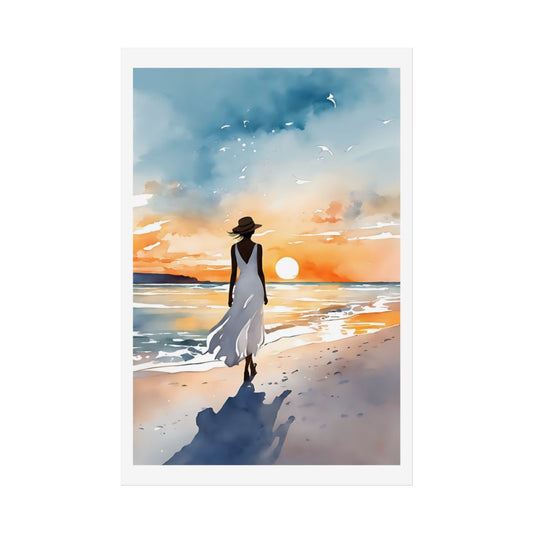 Golden Hour beach sunset poster – front view watercolor wall art print
