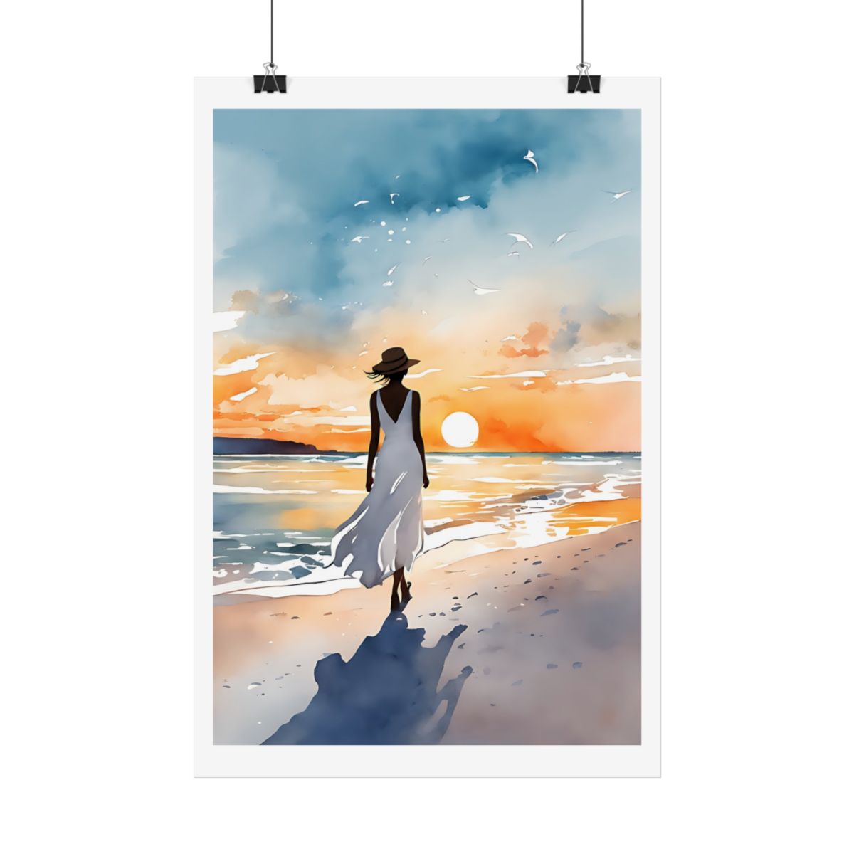 Golden Hour beach sunset poster – hanging example watercolor wall art print