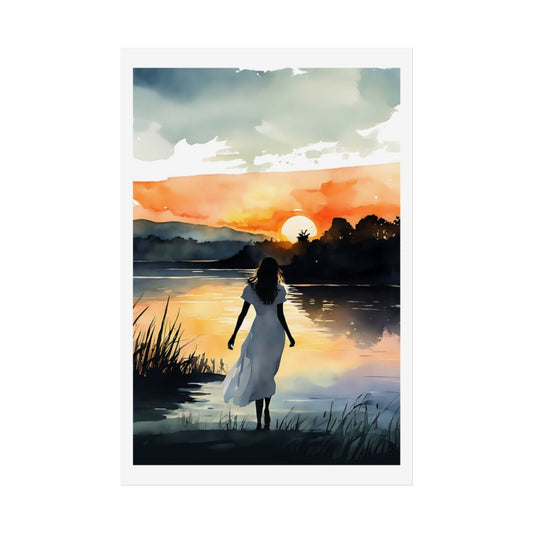 Golden Hour lakeside sunset poster – front view watercolor wall art print