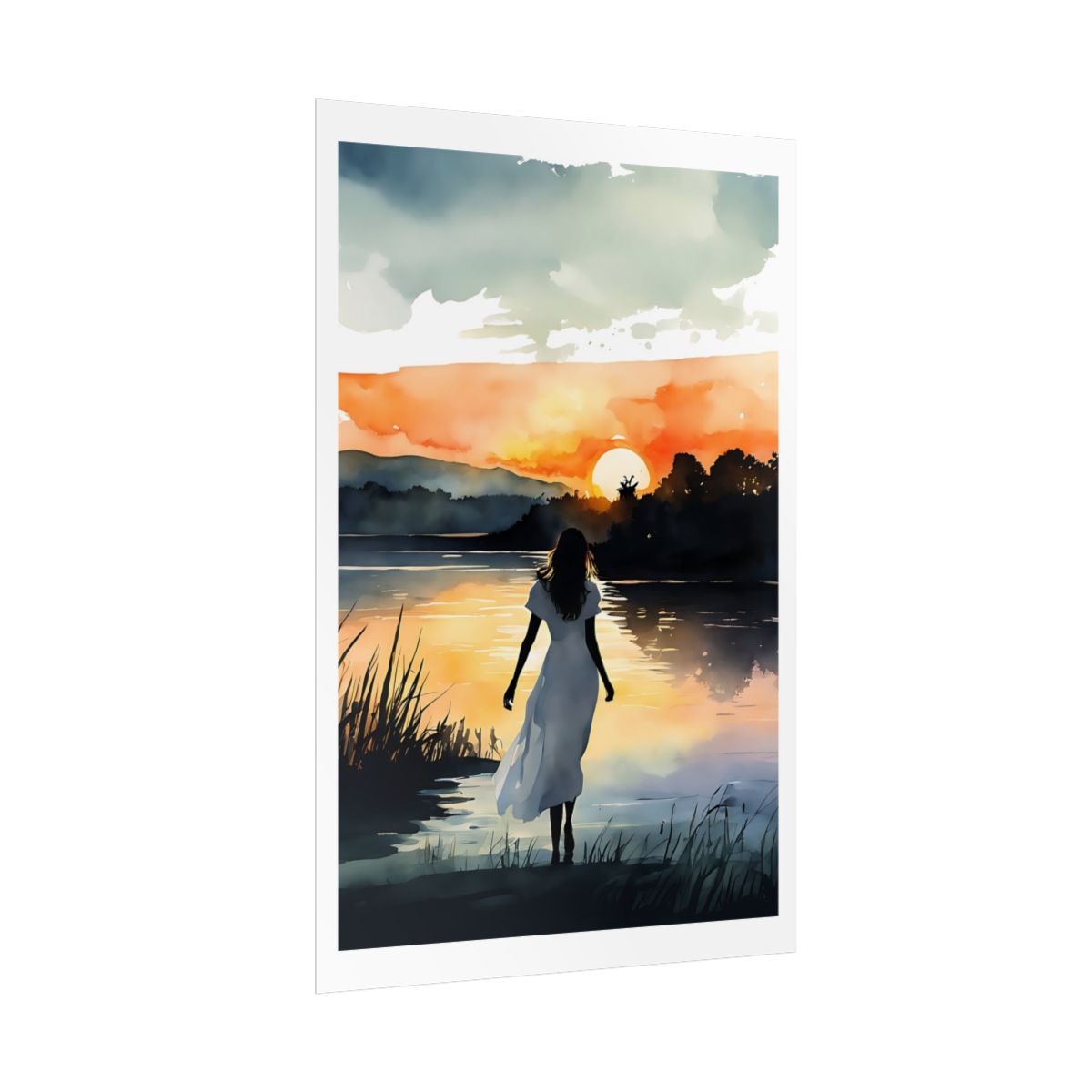 Golden Hour lakeside sunset poster – side angle example watercolor wall art print