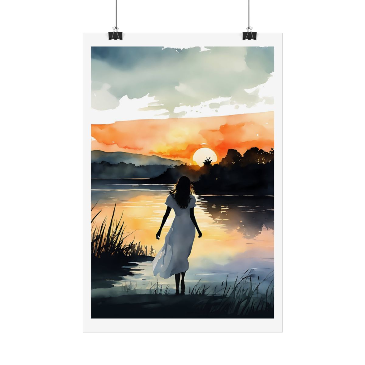 Golden Hour lakeside sunset poster – hanging example watercolor wall art print