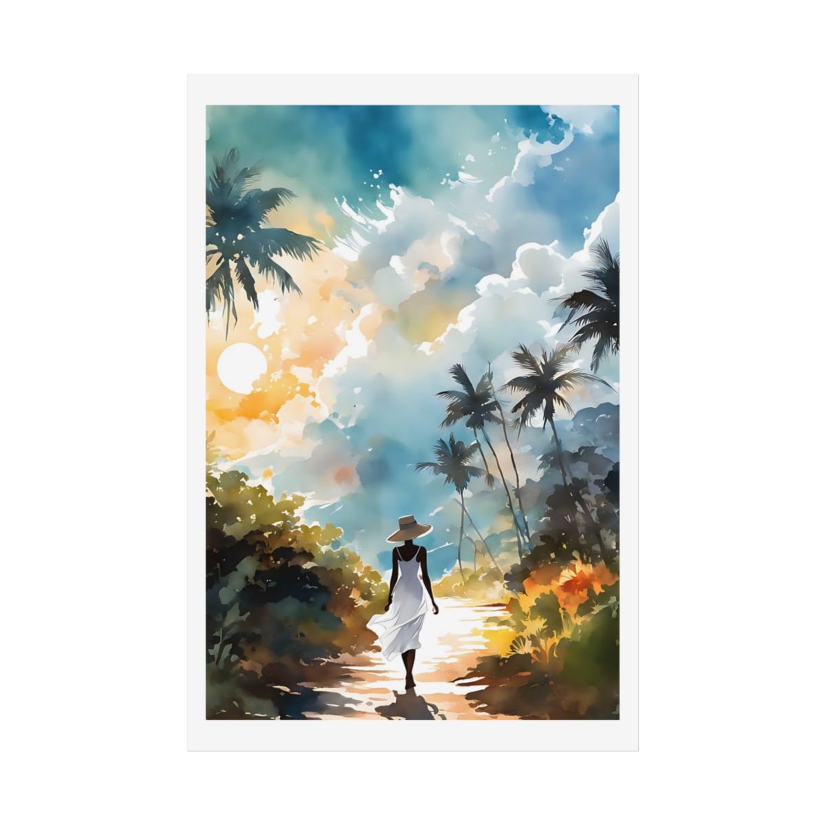Golden Path tropical sunset poster – front view watercolor wall art print