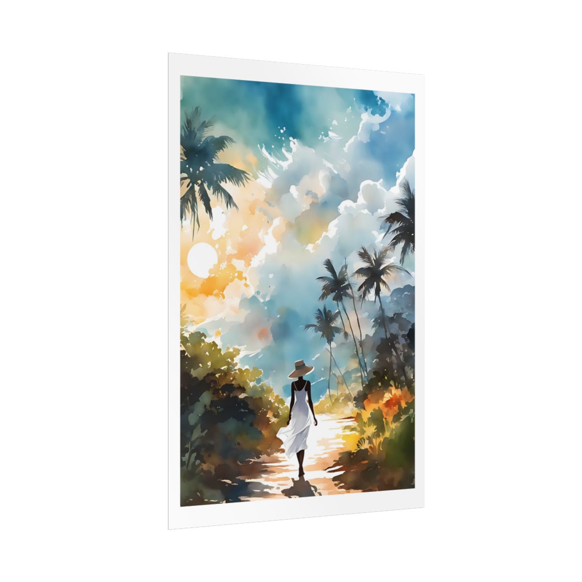 Golden Path tropical sunset poster – side angle example watercolor wall art print
