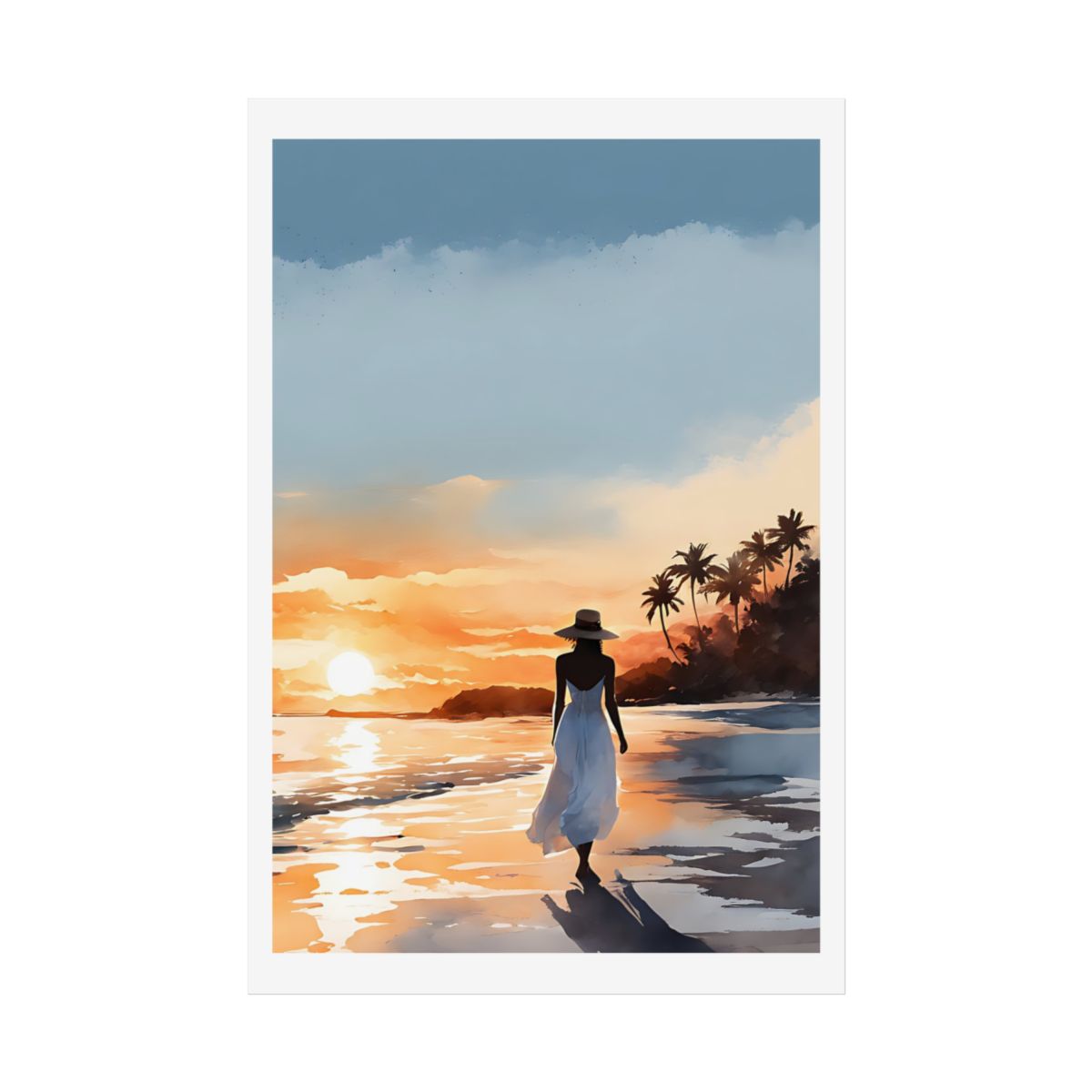 Golden Sands at Dusk tropical beach poster – front view watercolor wall art print