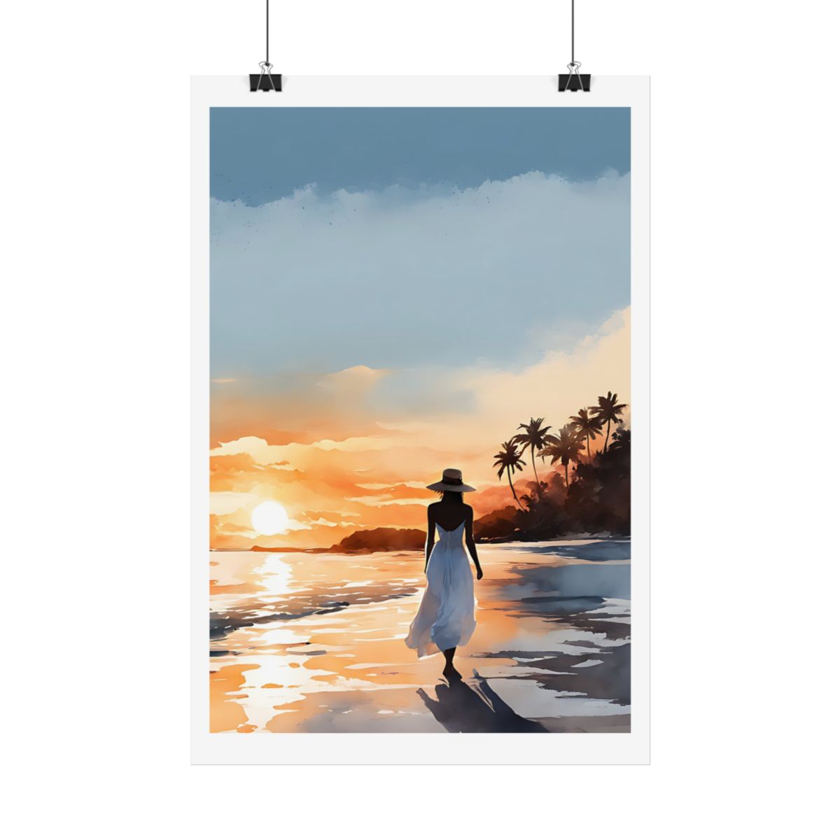 Golden Sands at Dusk tropical beach poster – hanging example watercolor wall art print