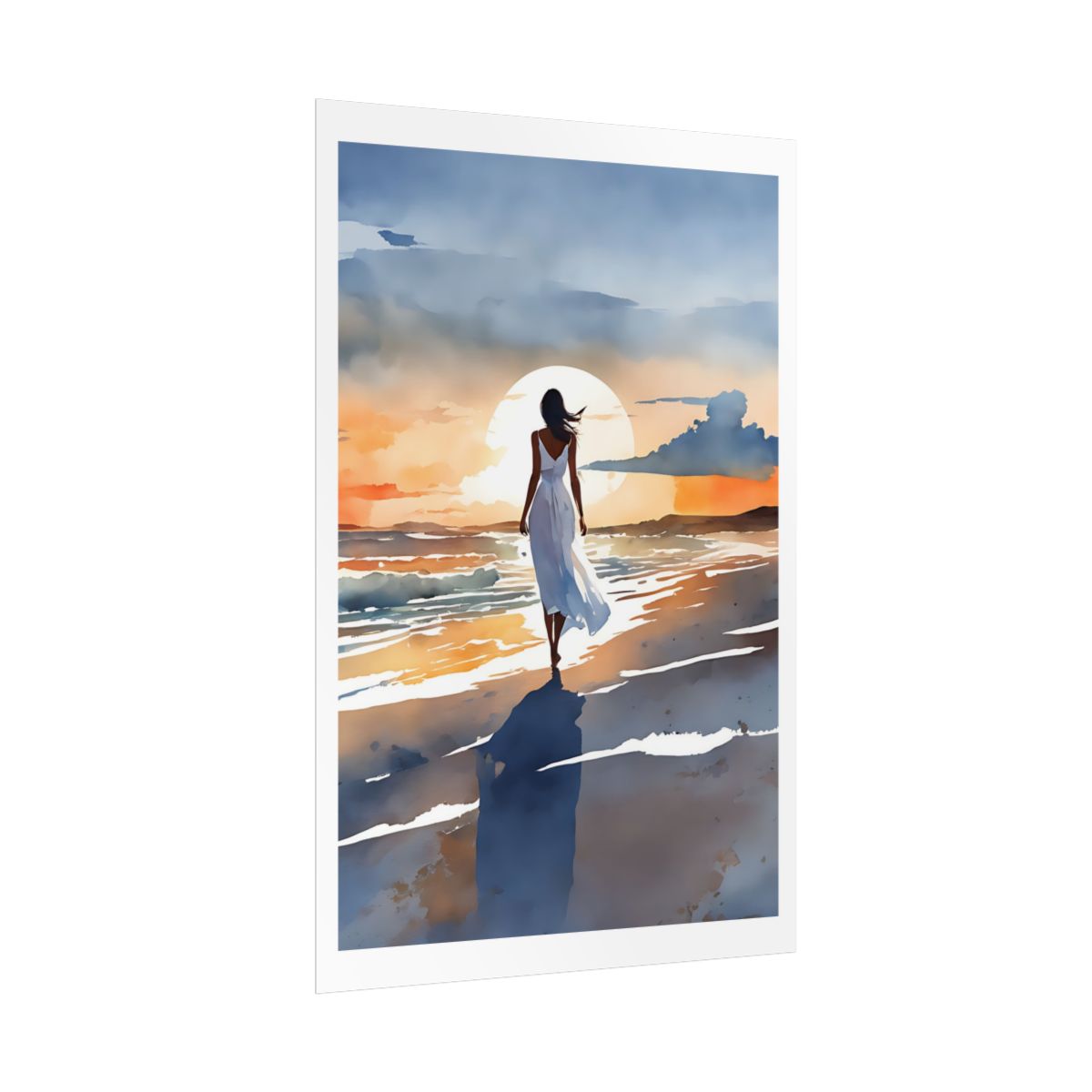 Golden Silence beach sunset poster – side angle example watercolor wall art print