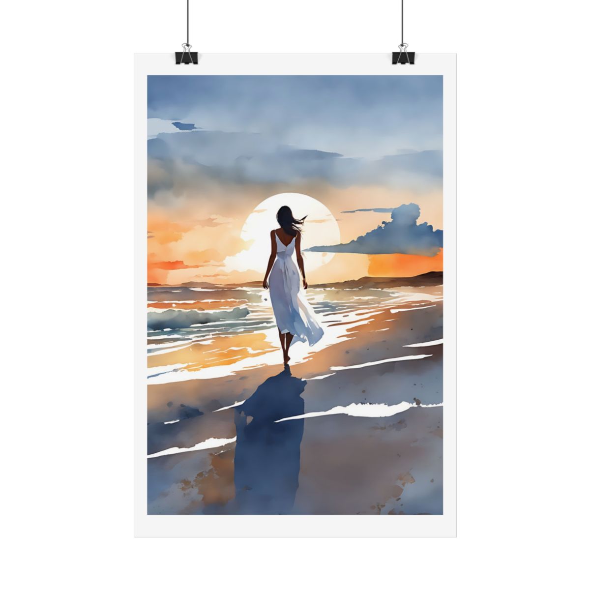 Golden Silence beach sunset poster – hanging example watercolor wall art print