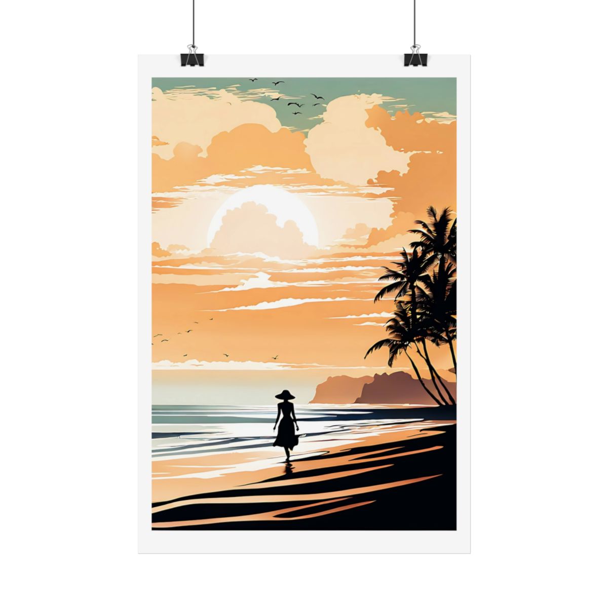 Golden Stroll by the Sea sunset shore poster – hanging example watercolor wall art print