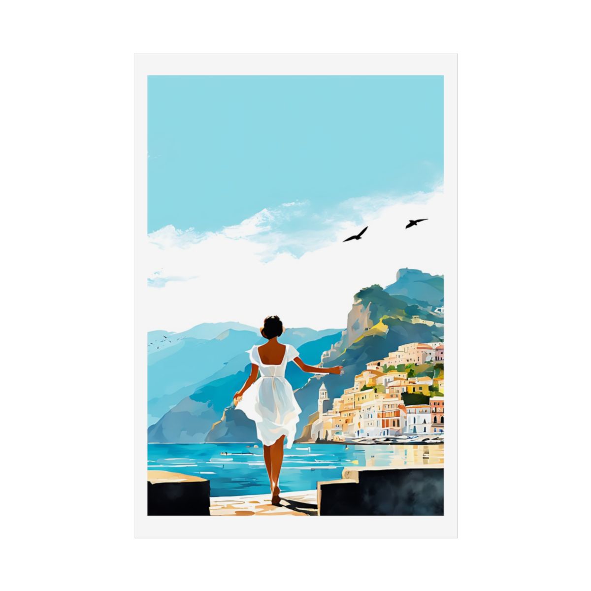 Harbour Breeze Mediterranean pier poster – front view watercolor wall art print
