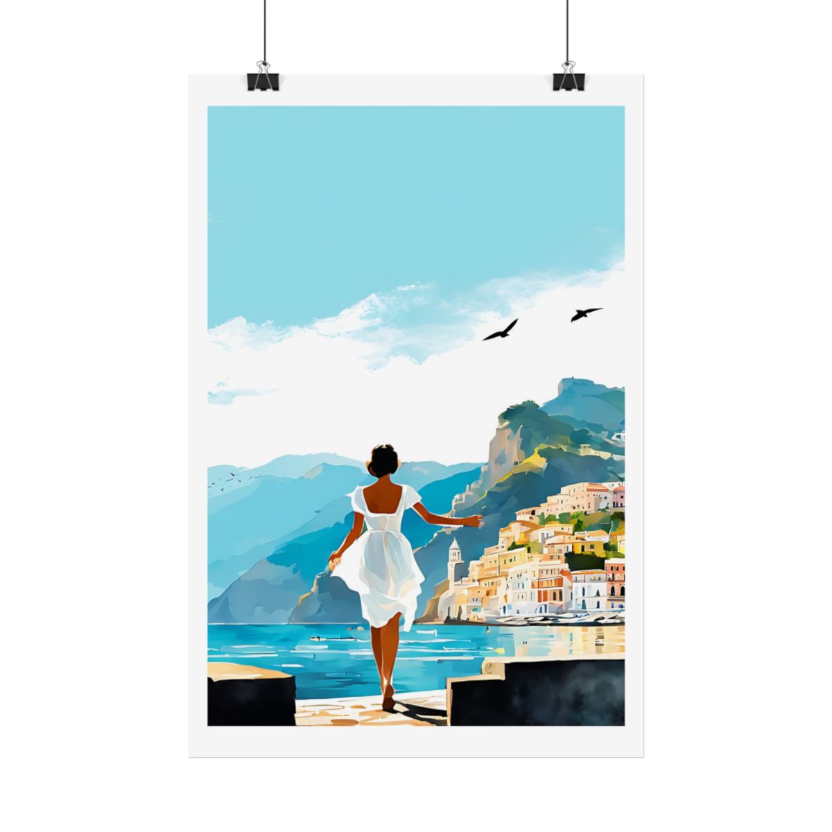 Harbour Breeze Mediterranean pier poster – hanging example watercolor wall art print