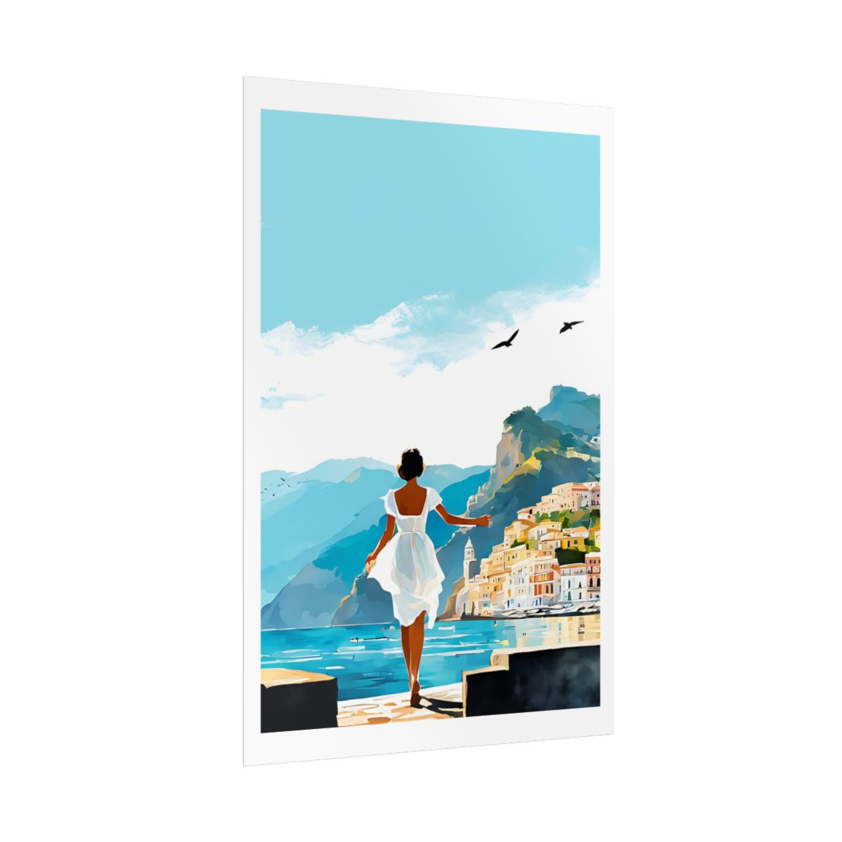 Harbour Breeze Mediterranean pier poster – side angle example watercolor wall art print