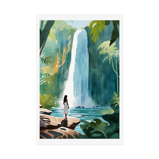 Hidden Waterfall jungle pool poster – front view watercolor wall art print