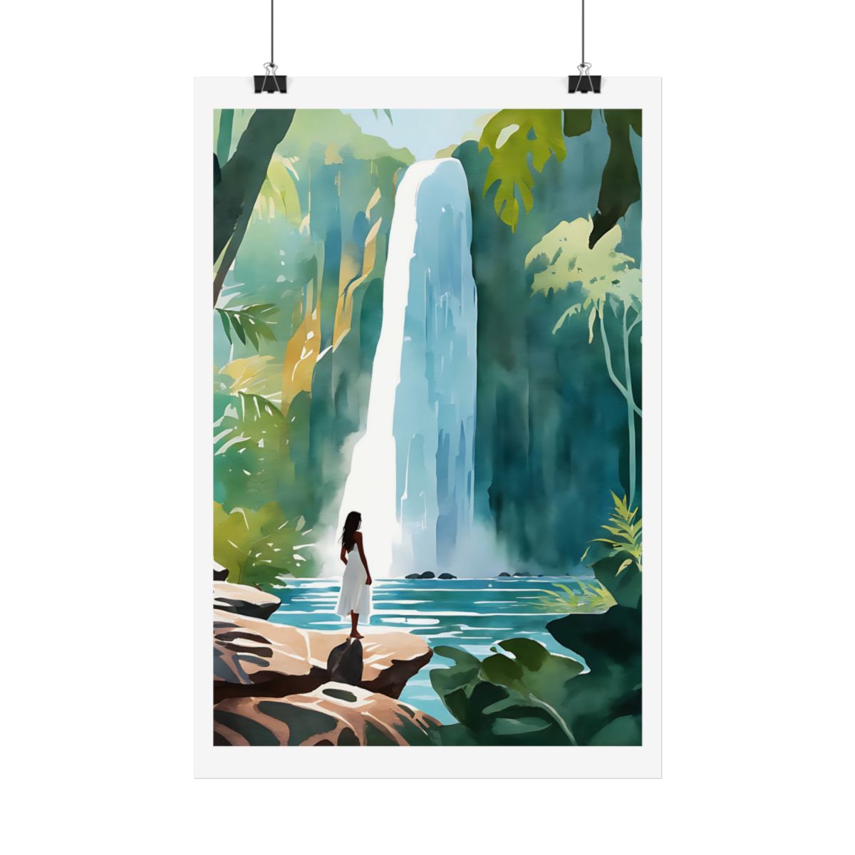 Hidden Waterfall jungle pool poster – hanging example watercolor wall art print