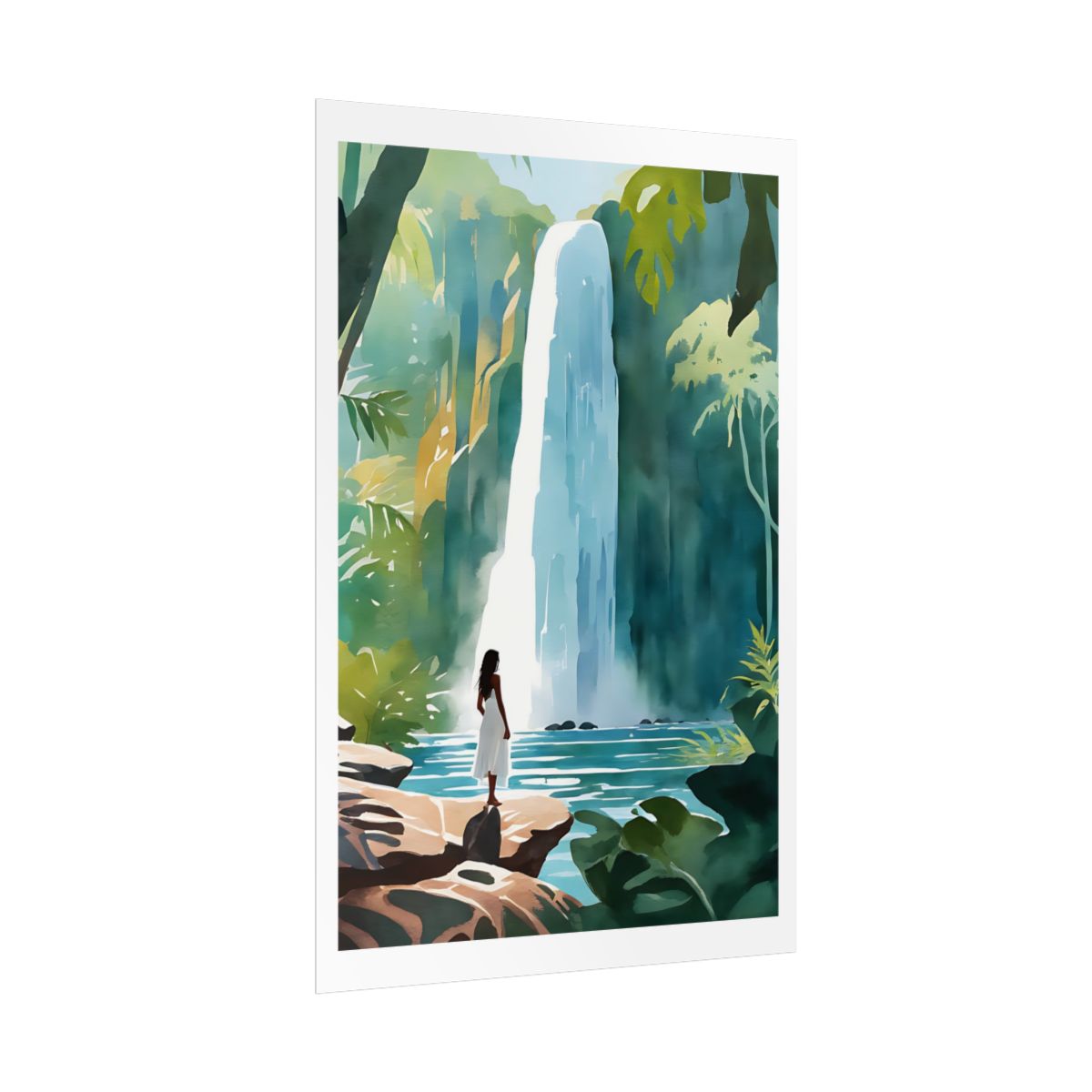 Hidden Waterfall jungle pool poster – side angle example watercolor wall art print
