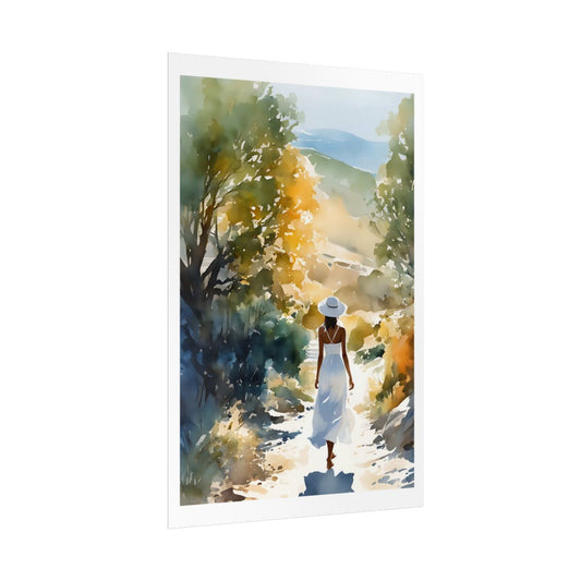 Hillside Walk autumn country poster – side angle example watercolor wall art print