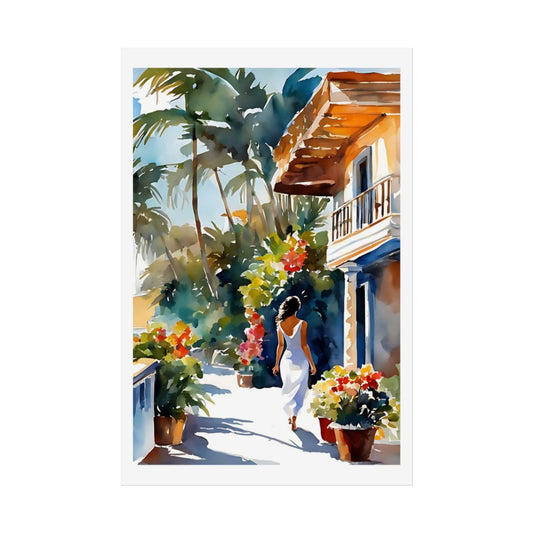 Island Cottage Caribbean garden poster – front view watercolor wall art print