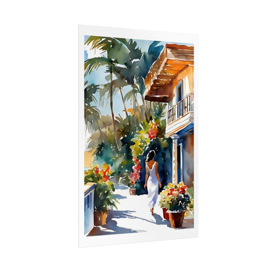 Island Cottage Caribbean garden poster – side angle example watercolor wall art print