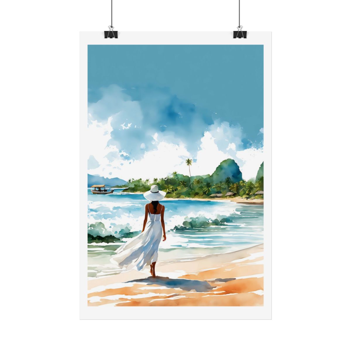 Island Paradise tropical bay poster – hanging example watercolor wall art print