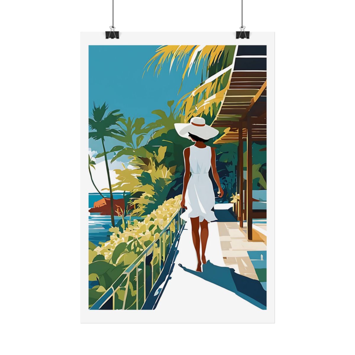 Island Resort Balinese villa poster – hanging example watercolor wall art print