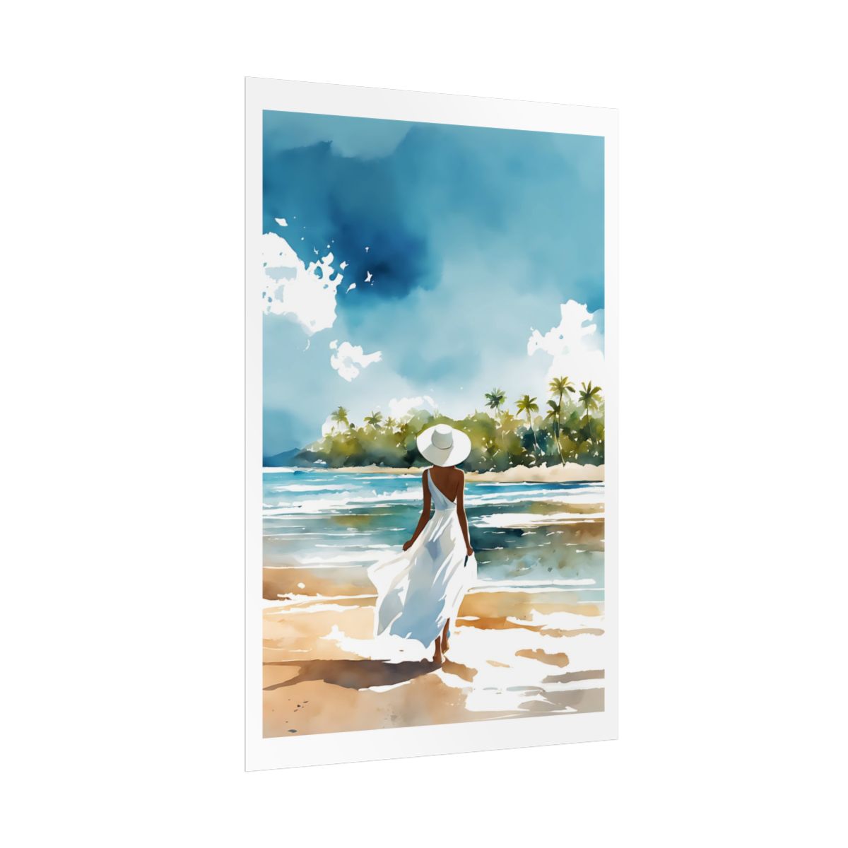 Island Reverie tropical beach poster – side angle example watercolor wall art print