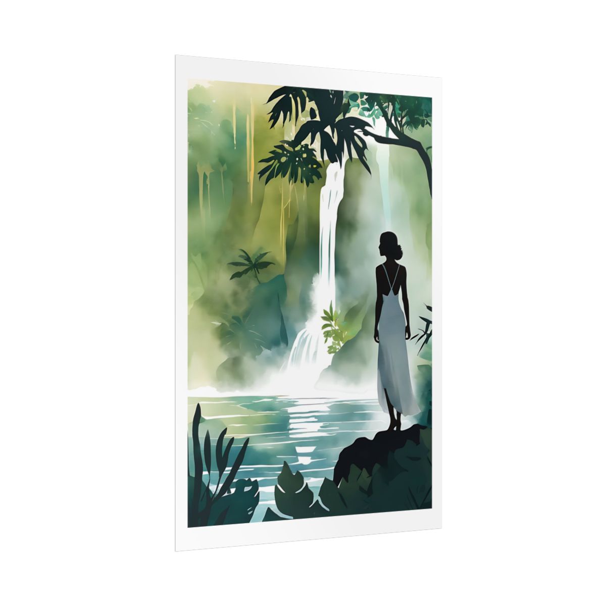 Jungle Sanctuary hidden waterfall poster – side angle example watercolor wall art print