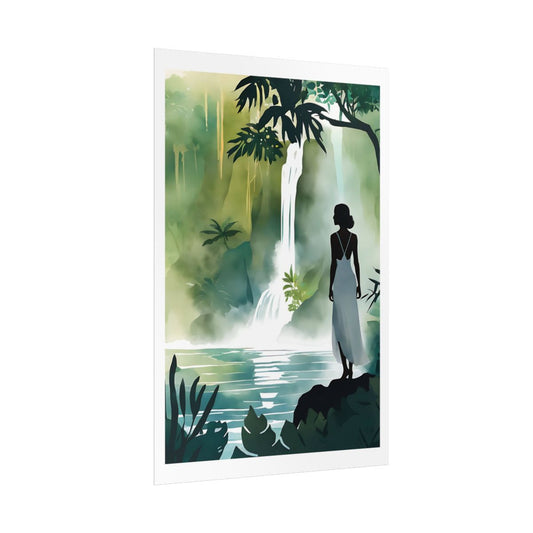 Jungle Sanctuary hidden waterfall poster – side angle example watercolor wall art print