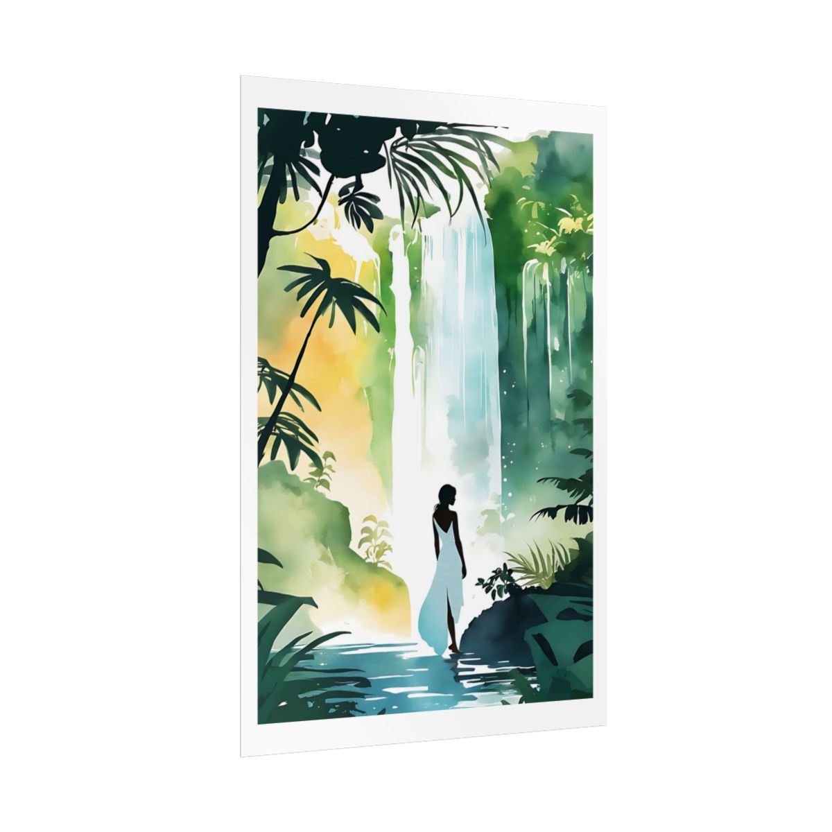 Jungle Waterfall rainforest cascade poster – side angle example watercolor wall art print