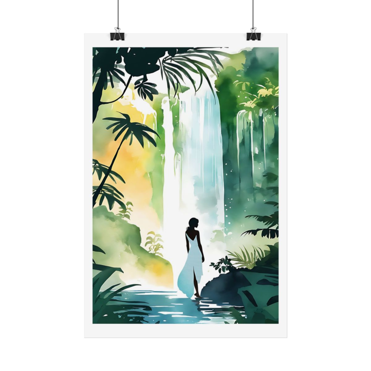 Jungle Waterfall rainforest cascade poster – hanging example watercolor wall art print