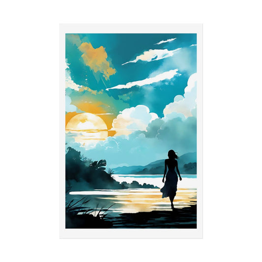 Lagoon at Dawn tropical sunrise poster – front view watercolor wall art print