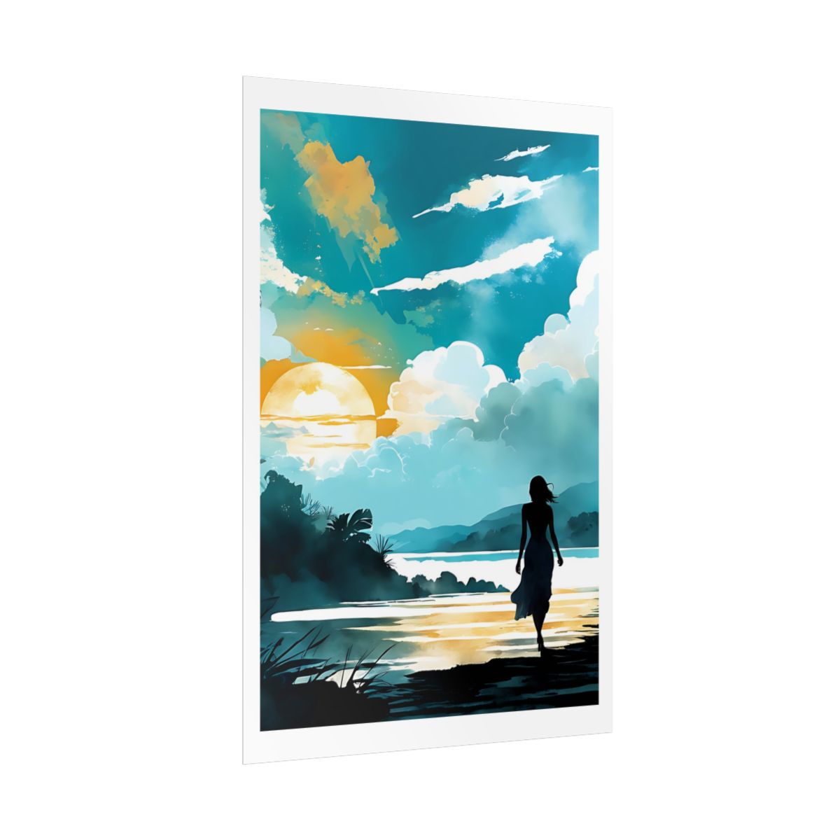 Lagoon at Dawn tropical sunrise poster – side angle example watercolor wall art print
