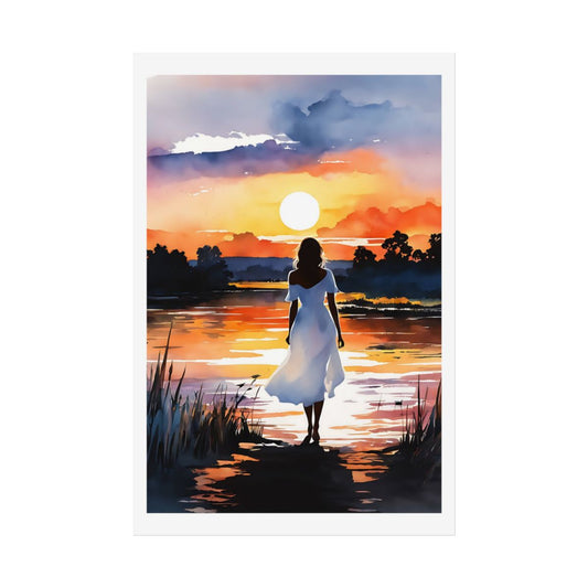 Lakeside Sunset golden hour poster – front view watercolor wall art print
