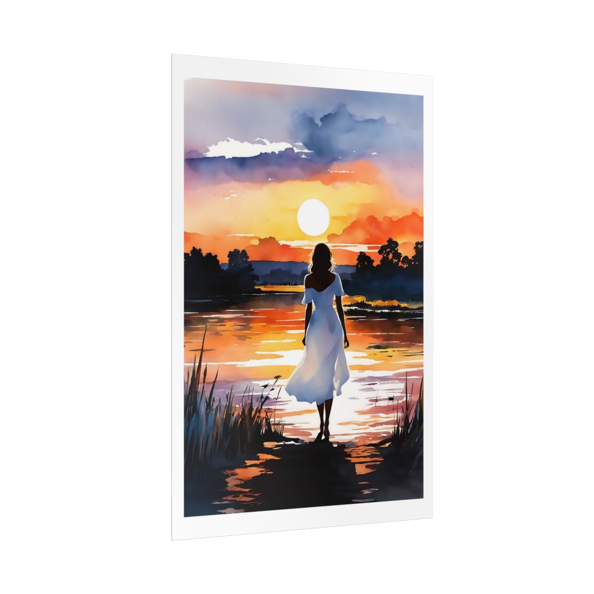 Lakeside Sunset golden hour poster – side angle example watercolor wall art print