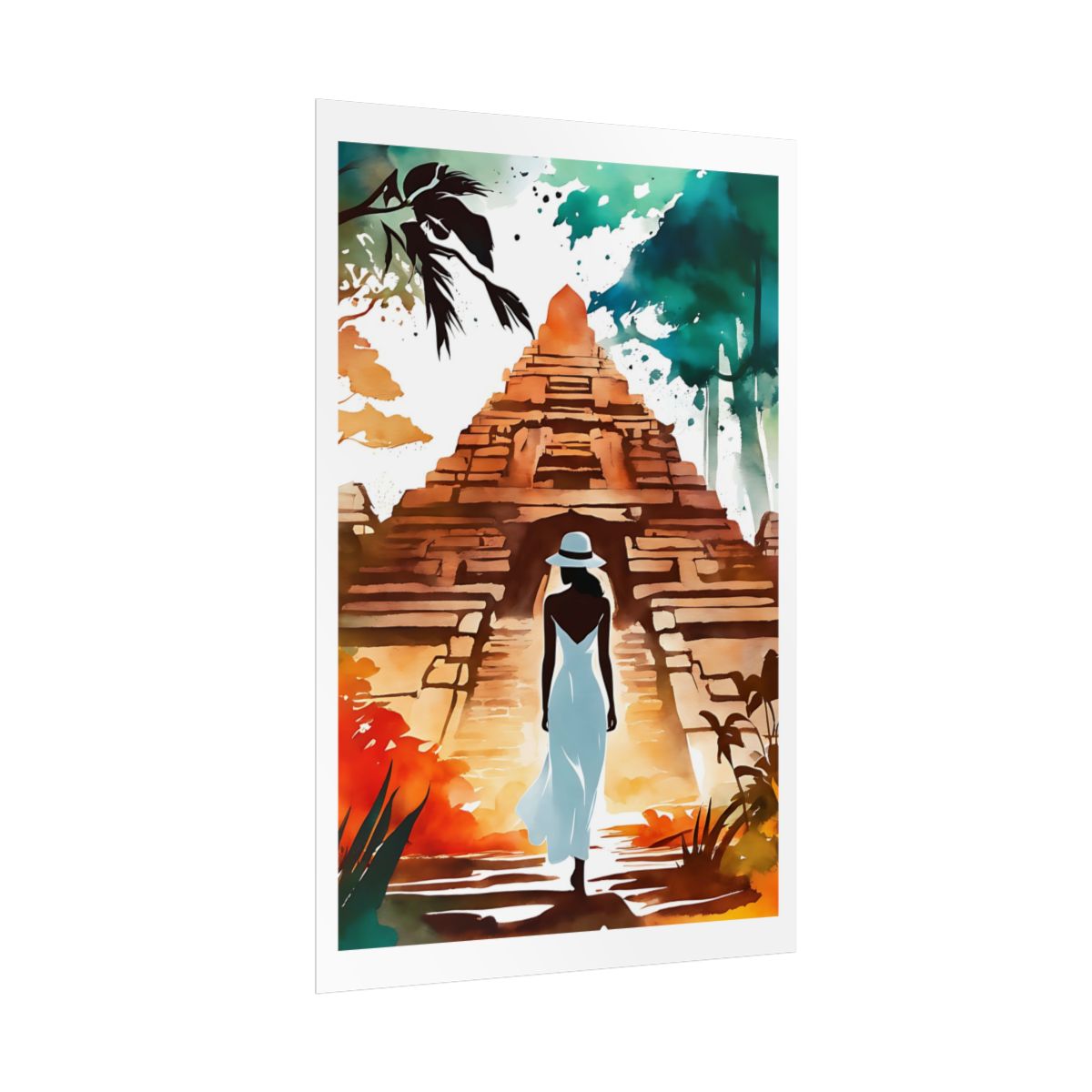 Lost City Rising jungle pyramid poster – side angle example watercolor wall art print