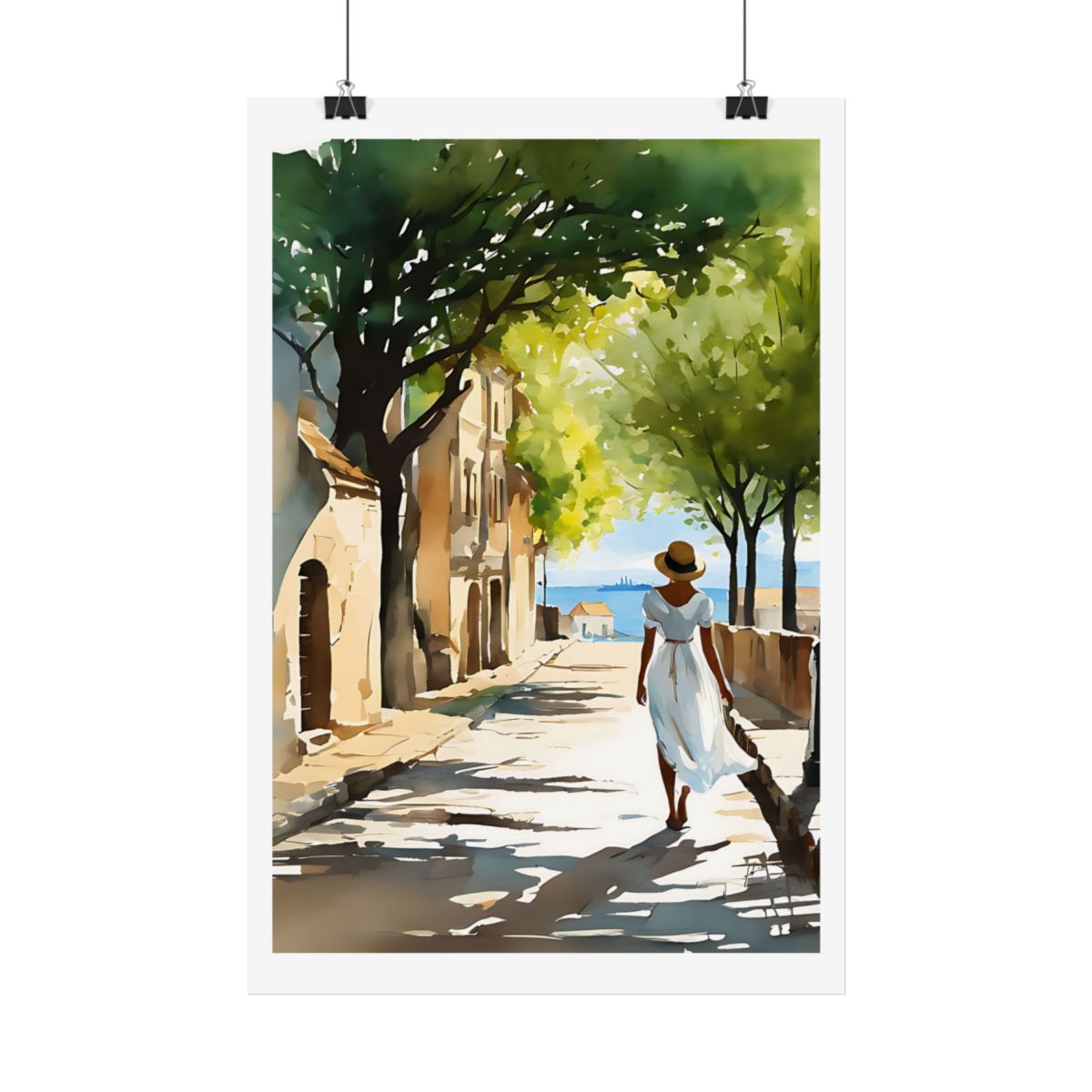 Mediterranean Morning coastal promenade poster – hanging example watercolor wall art print