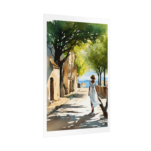 Mediterranean Morning coastal promenade poster – side angle example watercolor wall art print