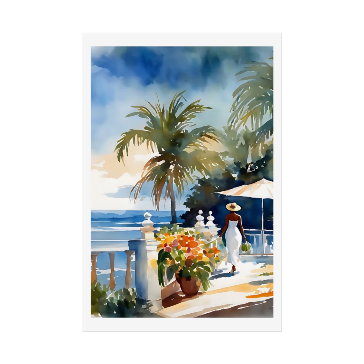 Mediterranean Terrace coastal villa poster – front view watercolor wall art print