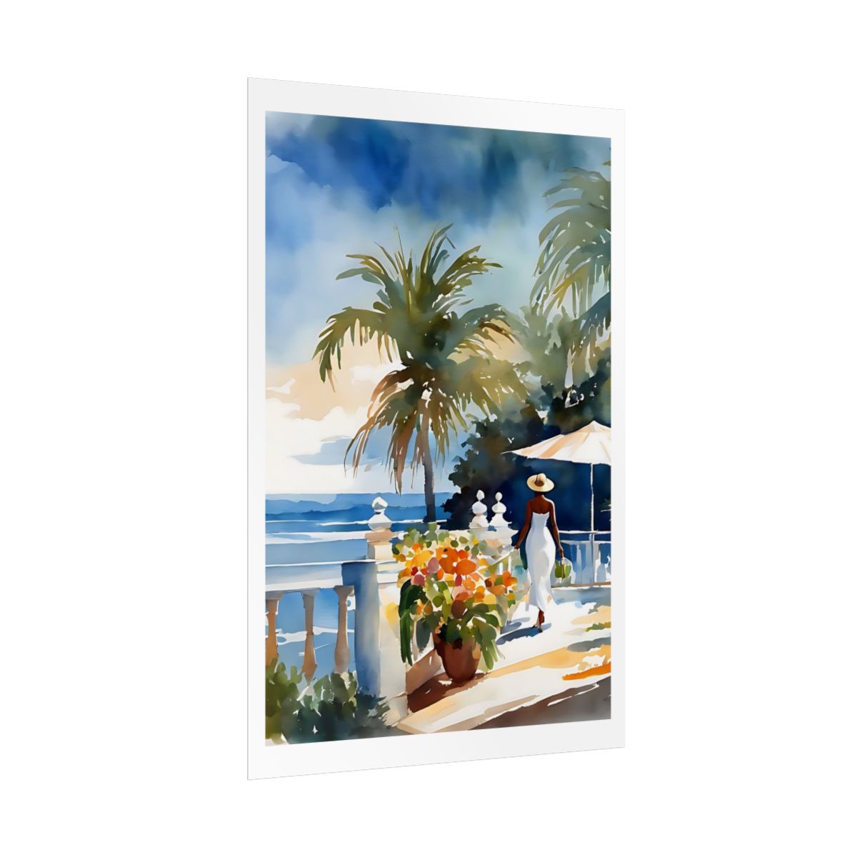 Mediterranean Terrace coastal villa poster – side angle example watercolor wall art print