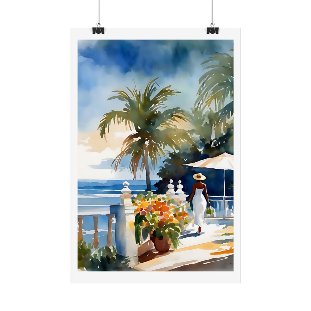 Mediterranean Terrace coastal villa poster – hanging example watercolor wall art print