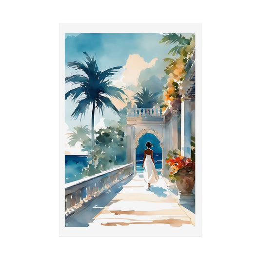 Mediterranean Terrace seaside colonnade poster – front view watercolor wall art print