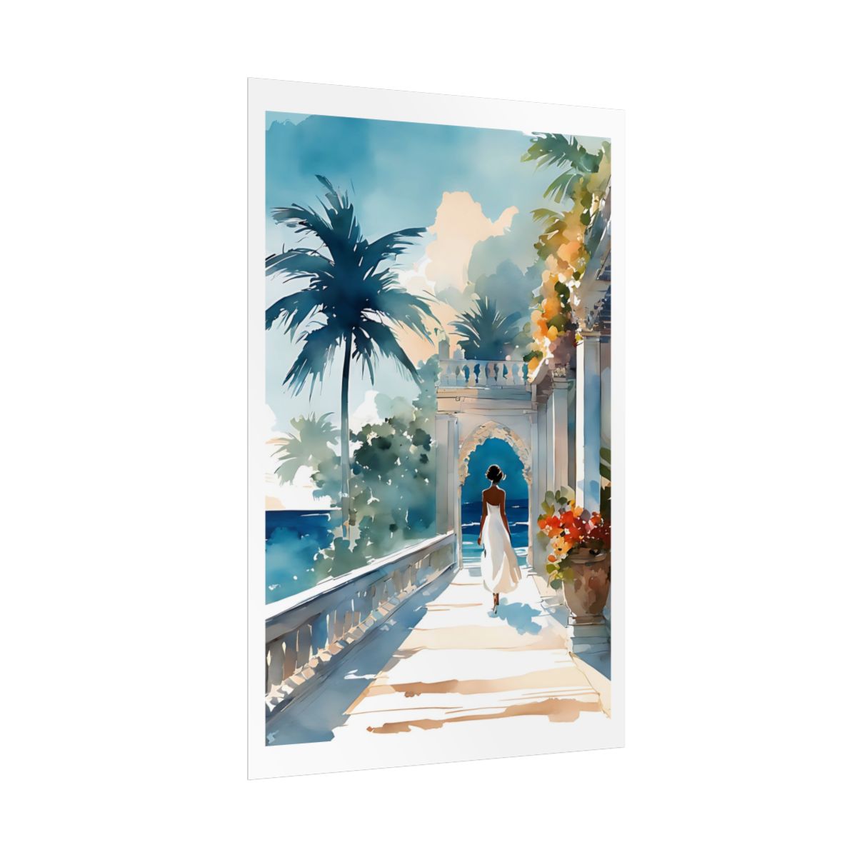 Mediterranean Terrace seaside colonnade poster – side angle example watercolor wall art print