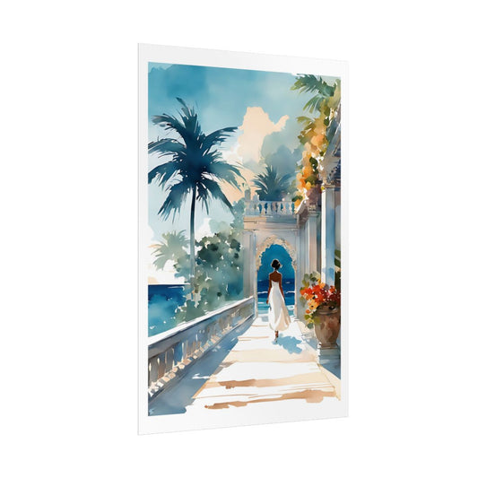 Mediterranean Terrace seaside colonnade poster – side angle example watercolor wall art print