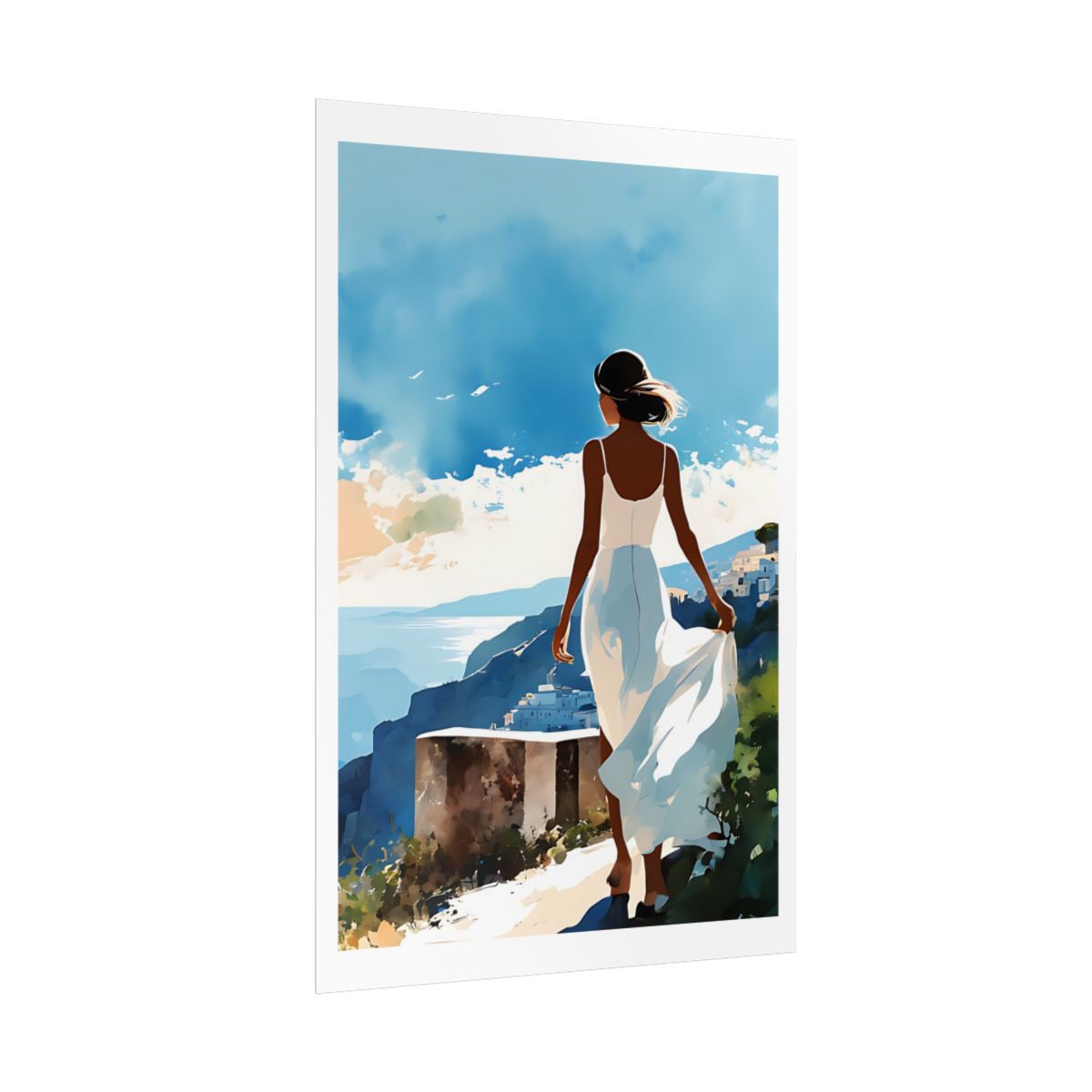 Mediterranean Wind Greek island poster – side angle example watercolor wall art print