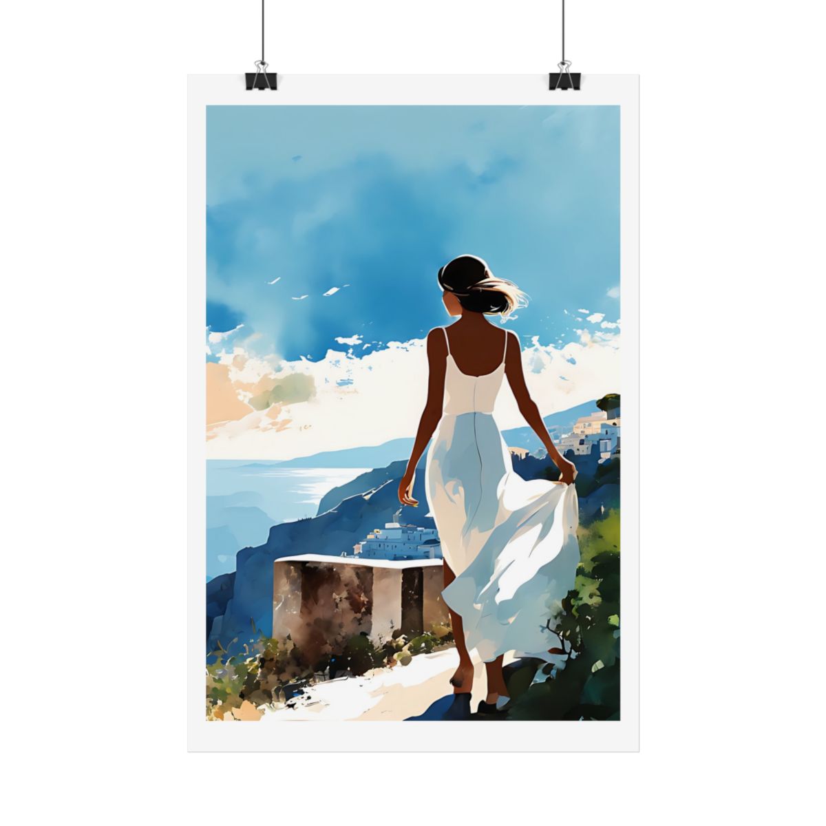 Mediterranean Wind Greek island poster – hanging example watercolor wall art print