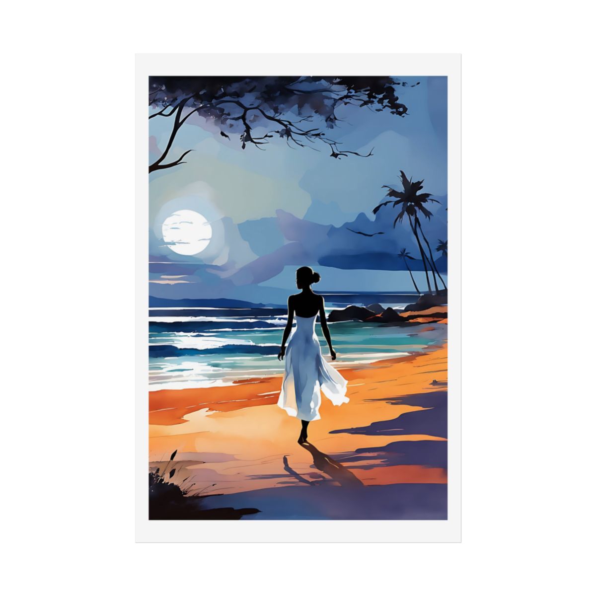 Moonlight Wanderer seaside moonlight poster – front view watercolor wall art print