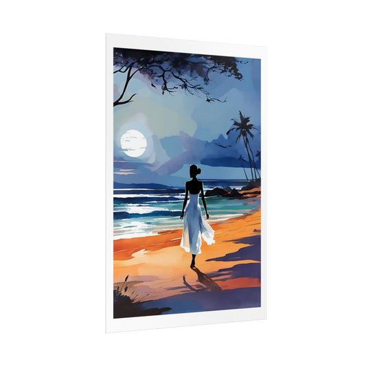 Moonlight Wanderer seaside moonlight poster – side angle example watercolor wall art print