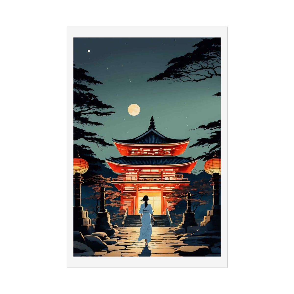Moonlit Lantern Gate Temple Night poster – front view watercolor wall art print