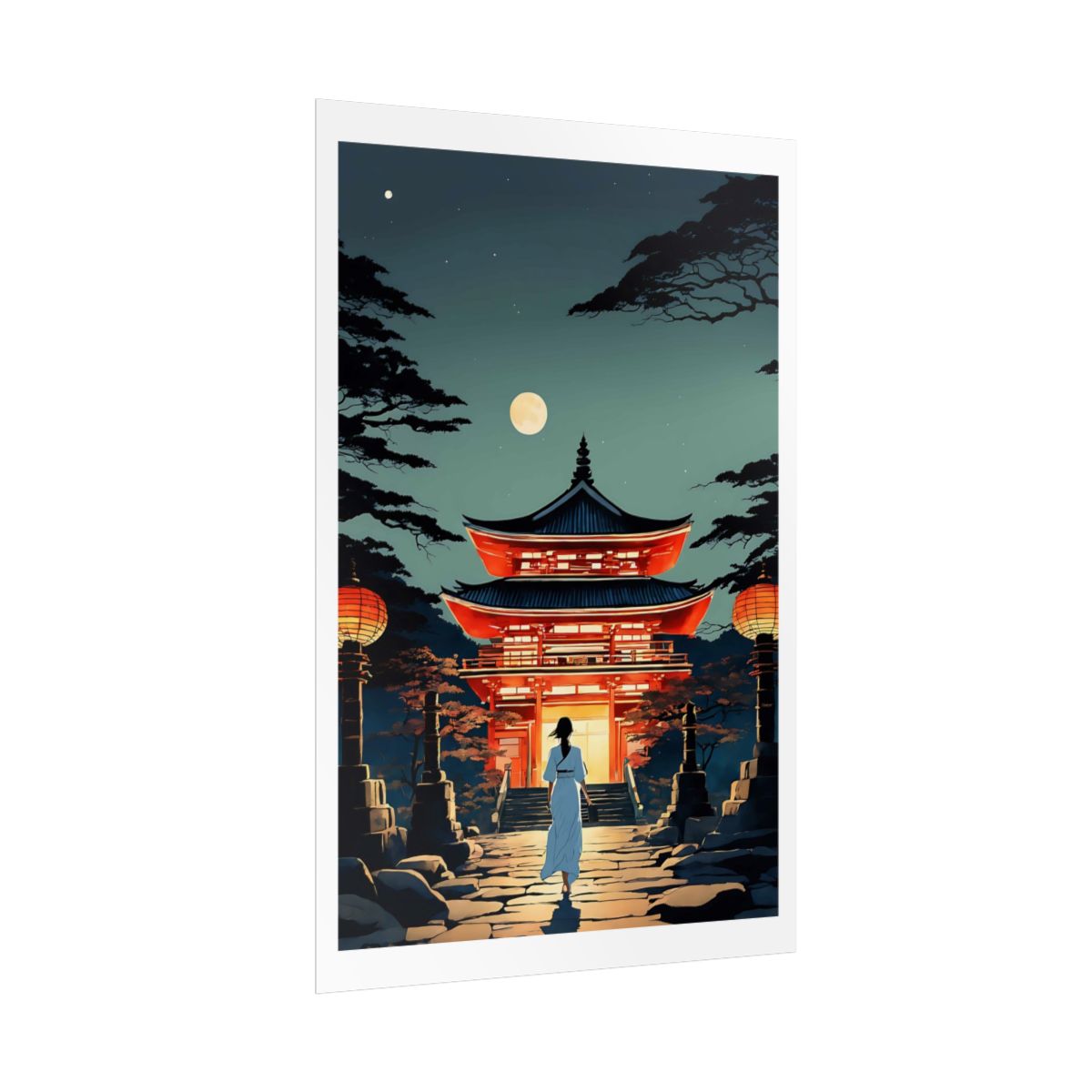 Moonlit Lantern Gate Temple Night poster – side angle example watercolor wall art print